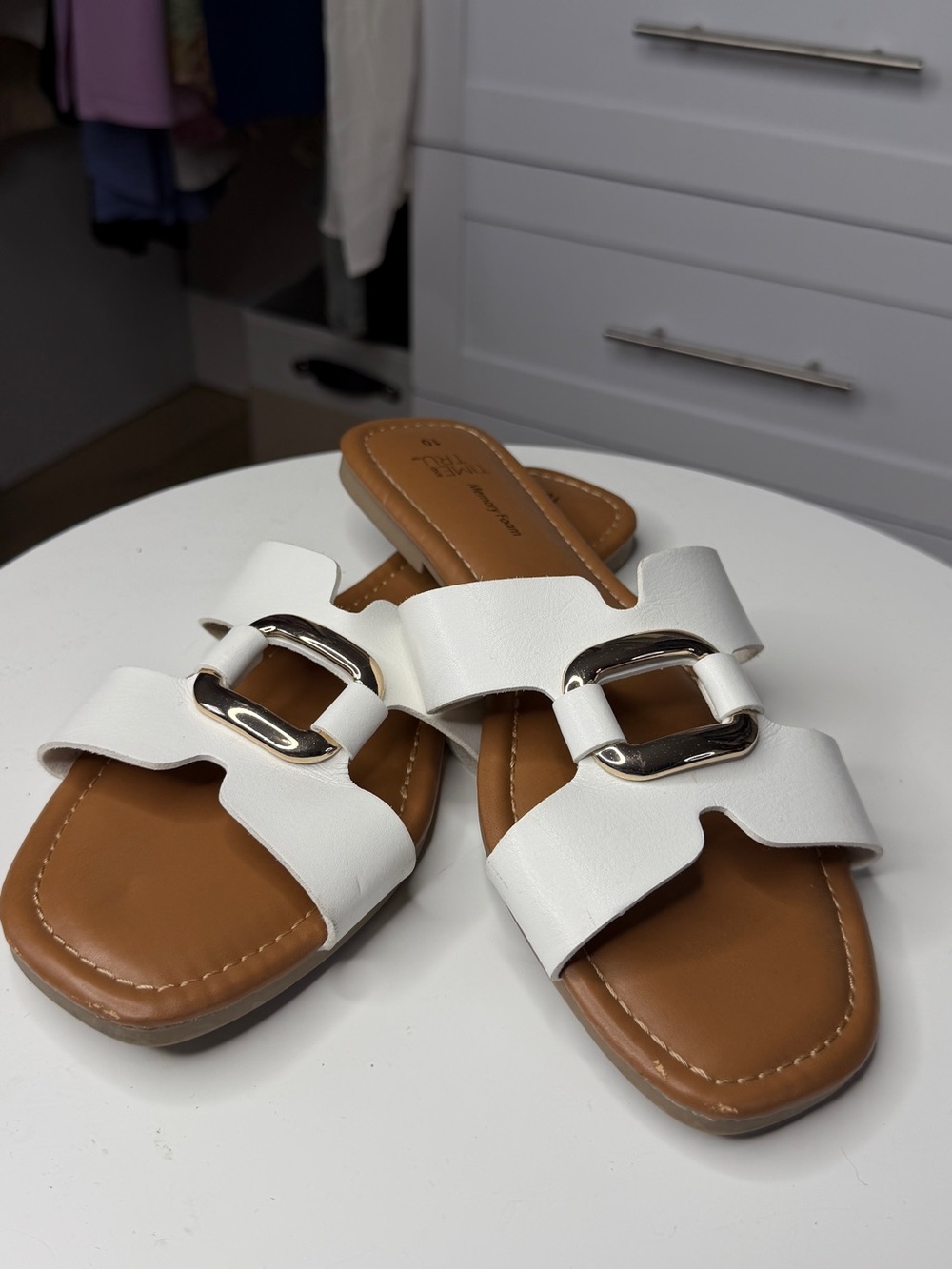 Time and Tru White Slide Sandals with Silver Buckle